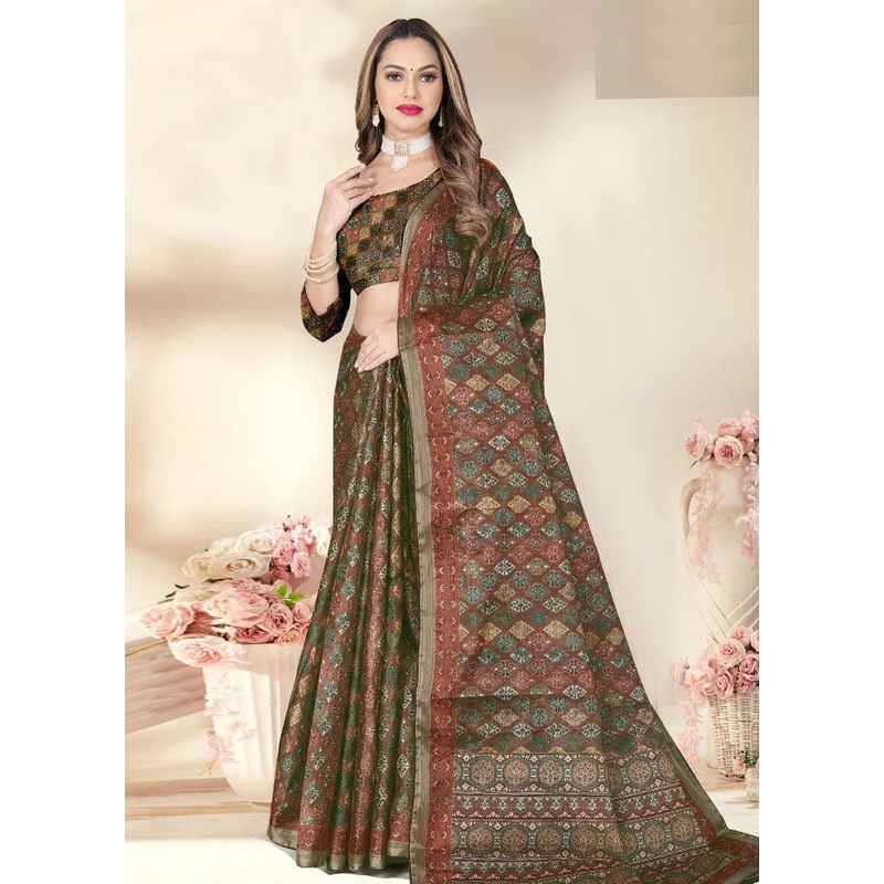Green Spun Silk Saree With Blouse Piece - JD986614183