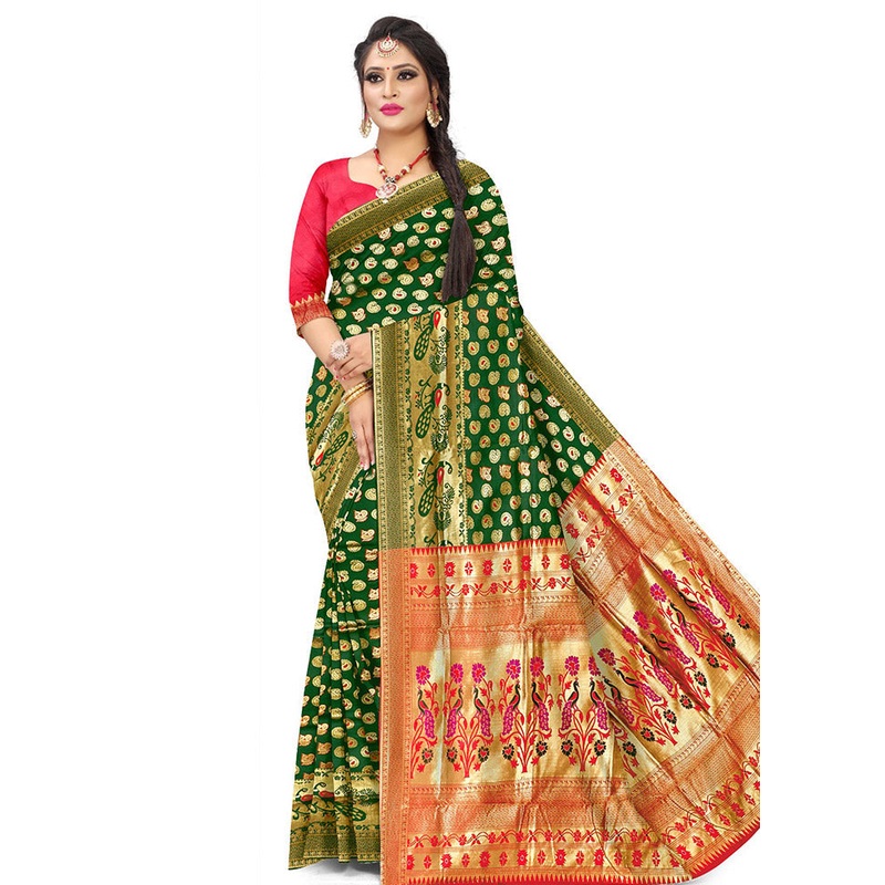 Green Spun Silk Saree With Blouse Piece - JD986614221