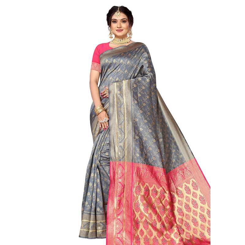 Grey Spun Silk Saree With Blouse Piece - JD986614137