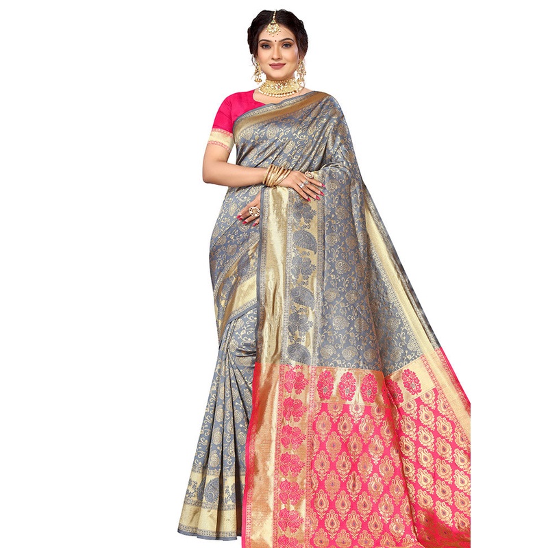 Grey Spun Silk Saree With Blouse Piece - JD986614148