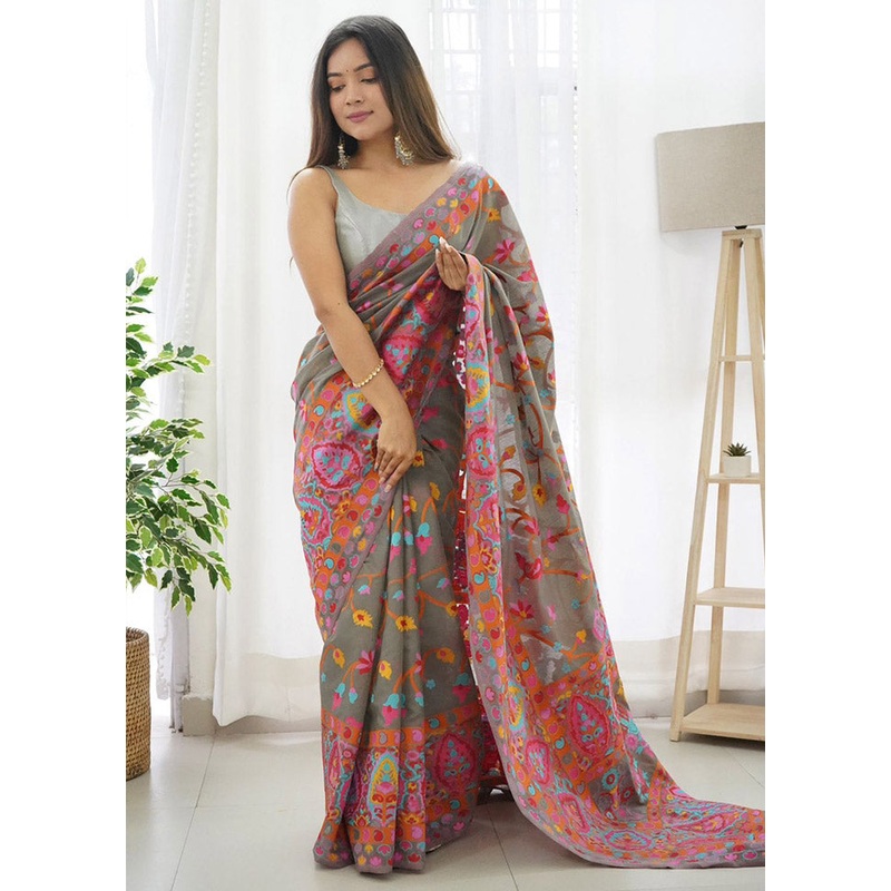 Grey Spun Silk Saree With Blouse Piece - JD986614189