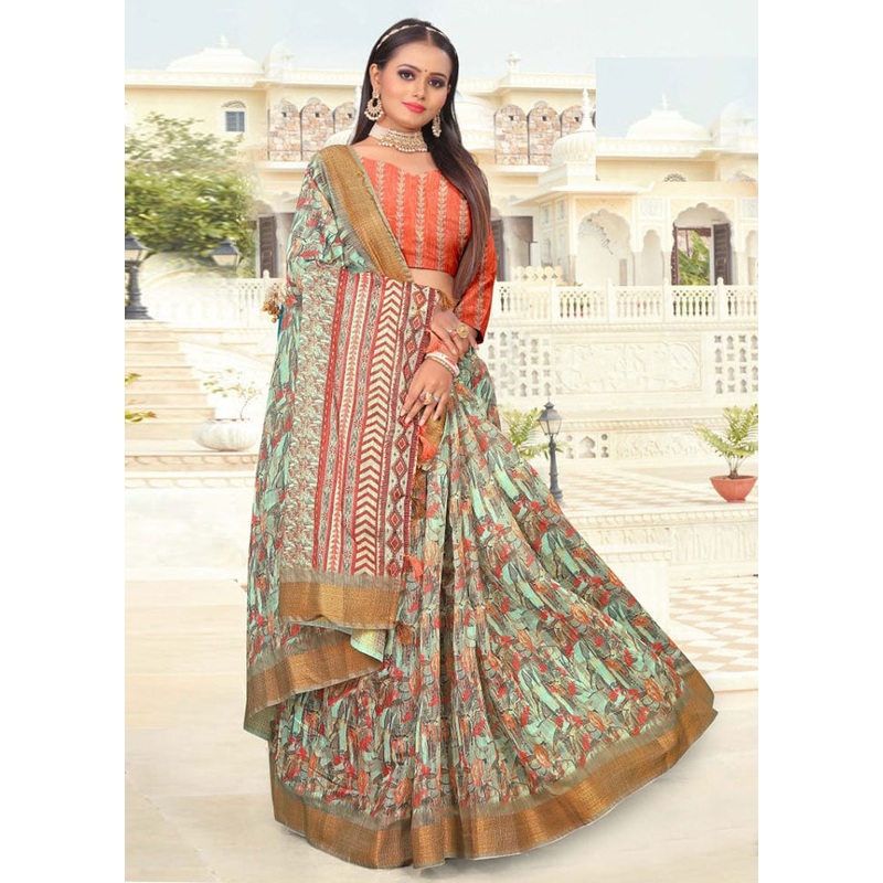 Light Green Cotton Saree With Blouse Piece - JD986614173