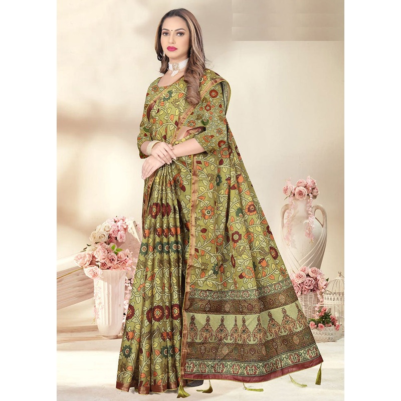 Light Green Spun Silk Saree With Blouse Piece - JD986614175