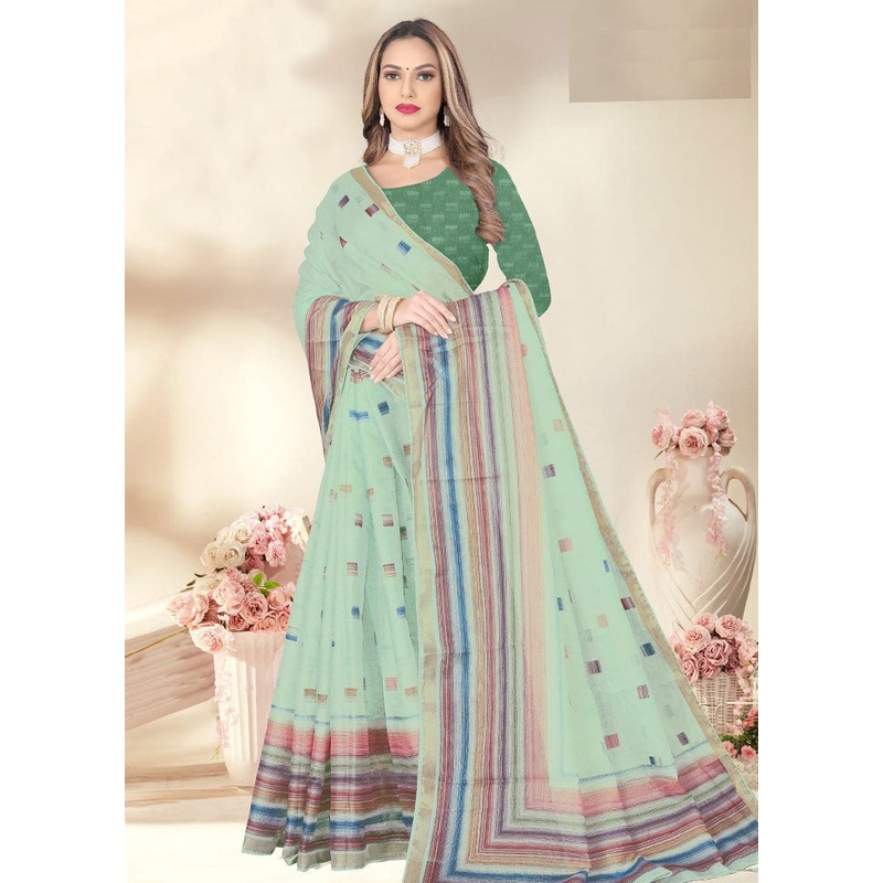 Light Green Spun Silk Saree With Blouse Piece - JD986614176