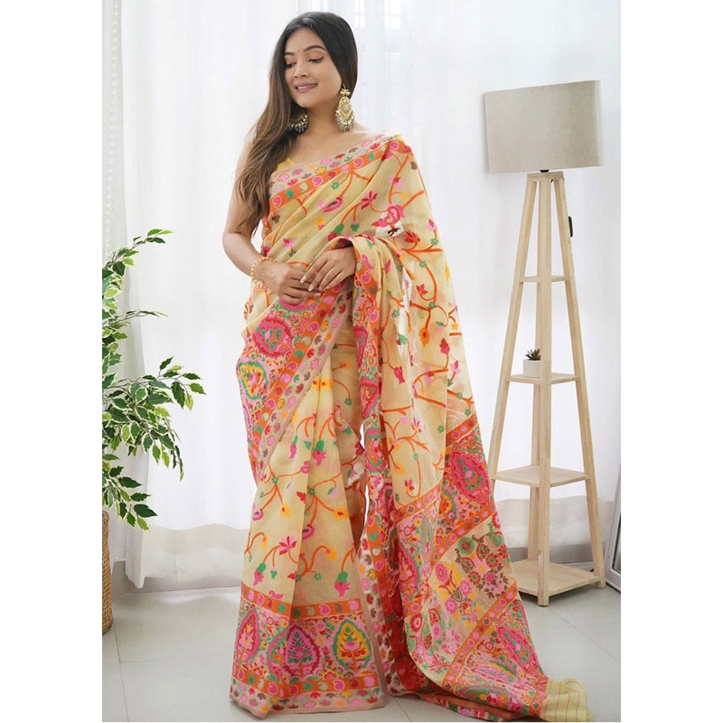 Light Yellow Spun Silk Saree With Blouse Piece - JD986614190