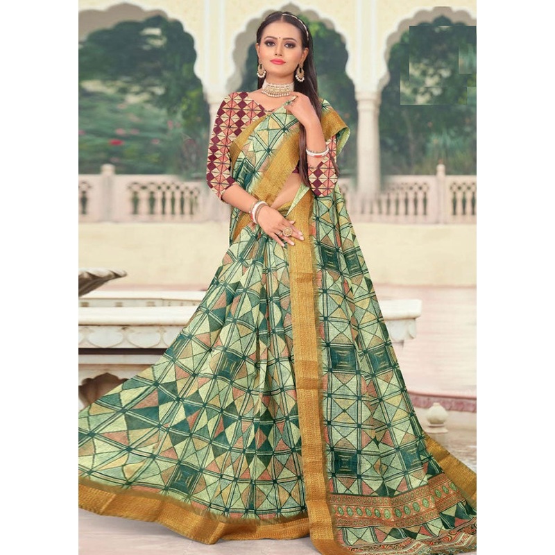 Lime Yellow Cotton Saree With Blouse Piece - JD986614166