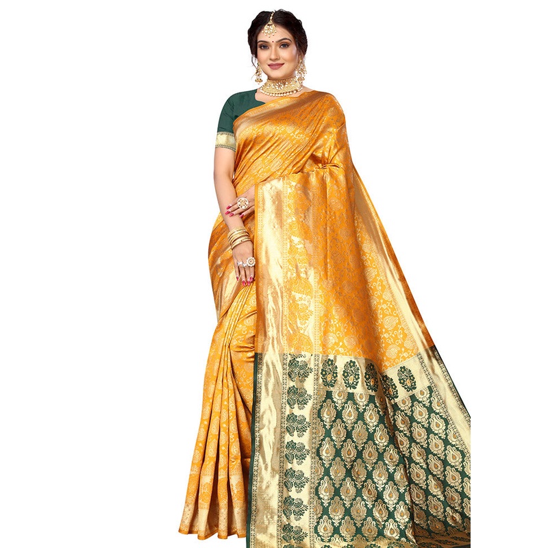 Mustard Spun Silk Saree With Blouse Piece - JD986614149