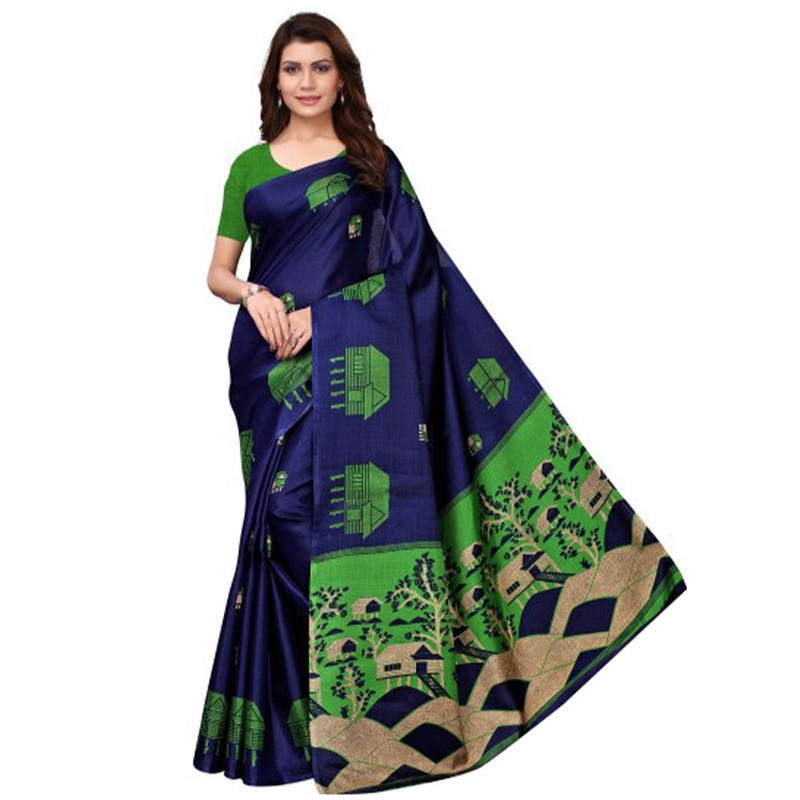 Navy Blue Dupion Silk Saree With Blouse Piece - JD986614193