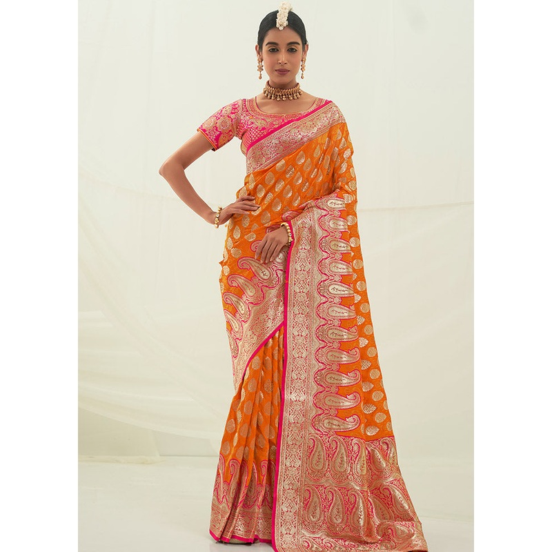 Orange Spun Silk Saree With Blouse Piece - JD986614215