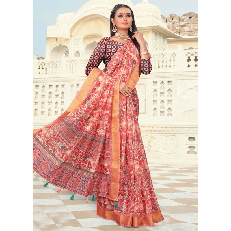 Pink Cotton Saree With Blouse Piece - JD986614165