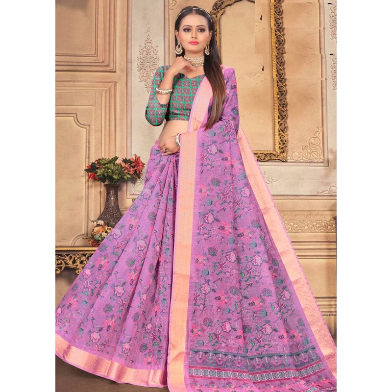 Pink Cotton Saree With Blouse Piece - JD986614167