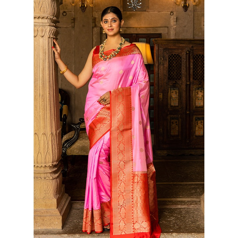 Pink Katan Pure Silk Saree With Blouse Piece - JD986614298