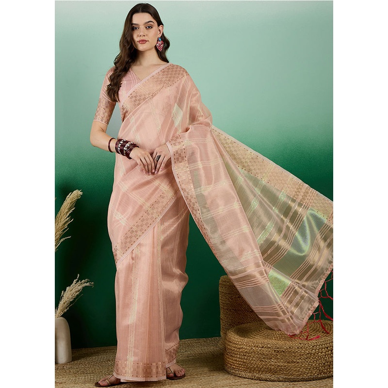 Pink Organza Saree With Blouse Piece - JD986614296