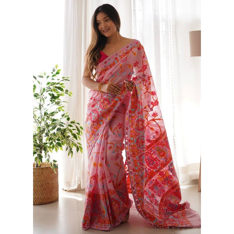 Pink Spun Silk Saree With Blouse Piece - JD986614192