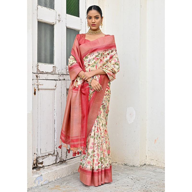 Pink Tussar Silk Saree With Blouse Piece - JD986614291