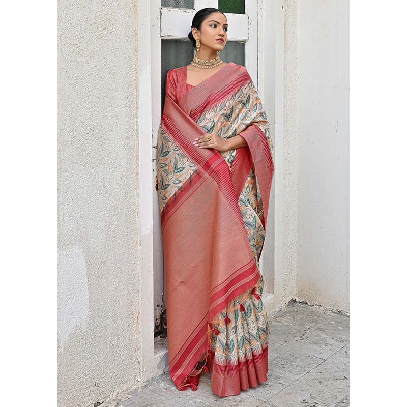 Pink Tussar Silk Saree With Blouse Piece - JD986614292