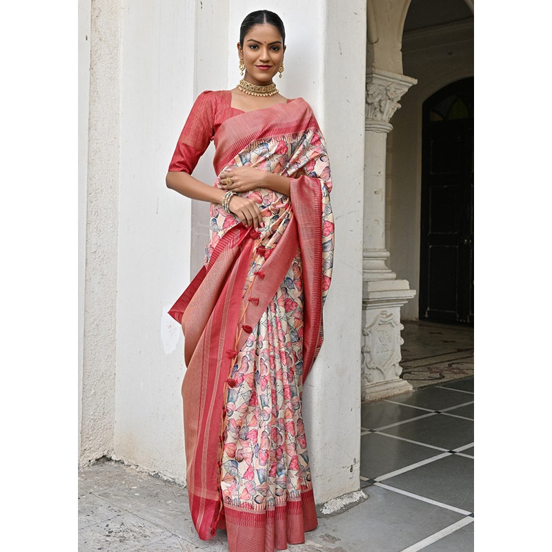 Pink Tussar Silk Saree With Blouse Piece - JD986614293
