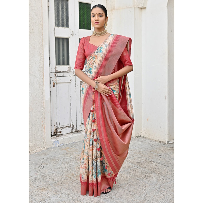 Pink Tussar Silk Saree With Blouse Piece - JD986614294