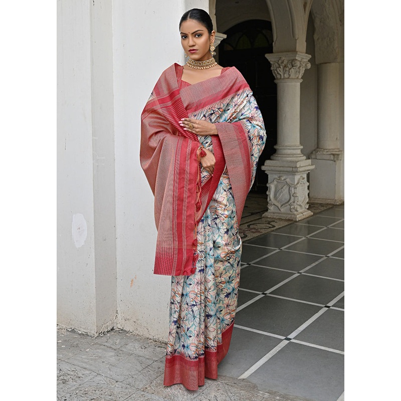 Pink Tussar Silk Saree With Blouse Piece - JD986614295
