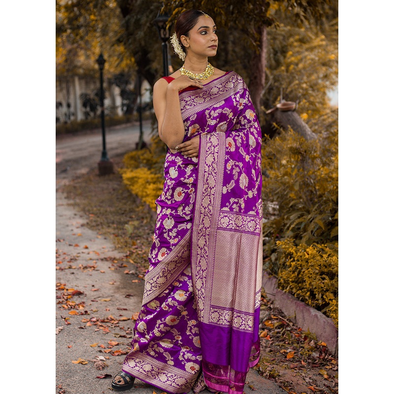 Purple Katan Pure Silk Saree With Blouse Piece - JD986614282