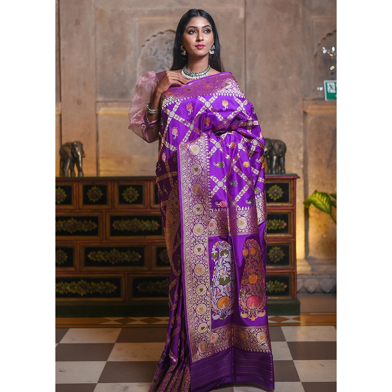 Purple Katan Pure Silk Saree With Blouse Piece - JD986614284