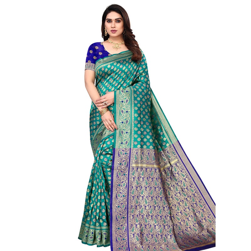 Rama Spun Silk Saree With Blouse Piece - JD986614115