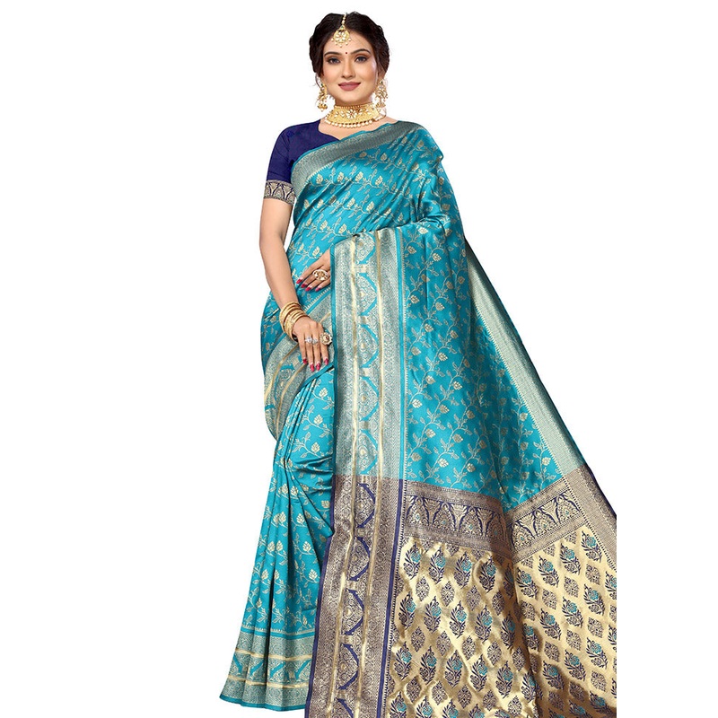 Rama Spun Silk Saree With Blouse Piece - JD986614143
