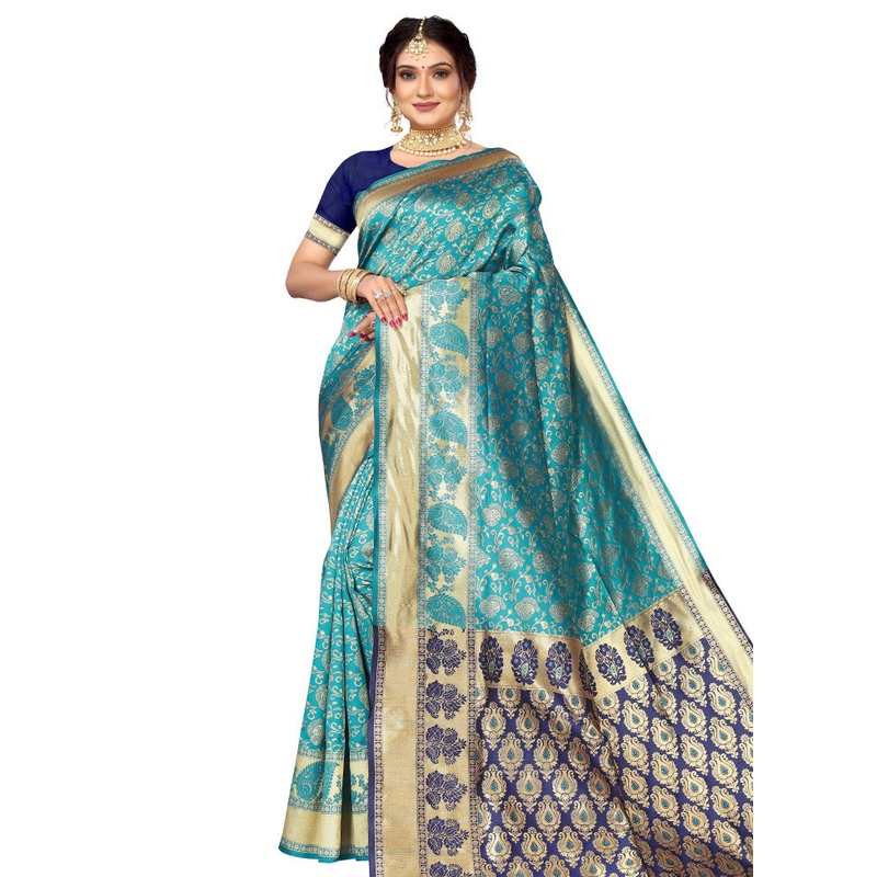 Rama Spun Silk Saree With Blouse Piece - JD986614151