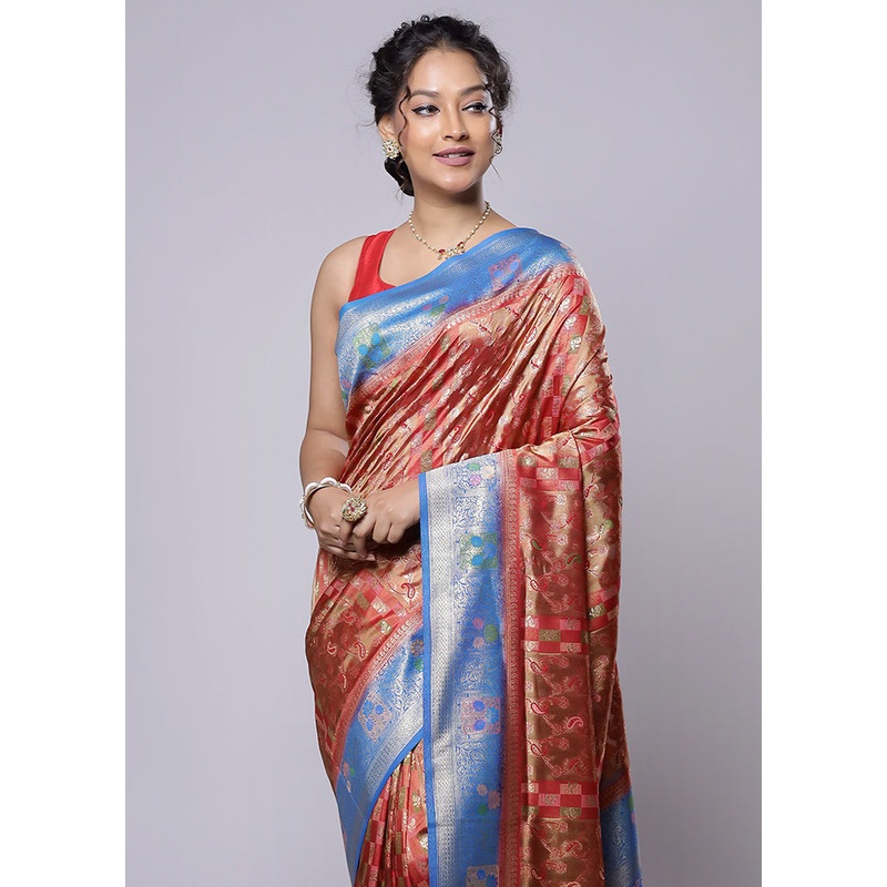 Red Dupion Silk Saree With Blouse Piece - JD986614237