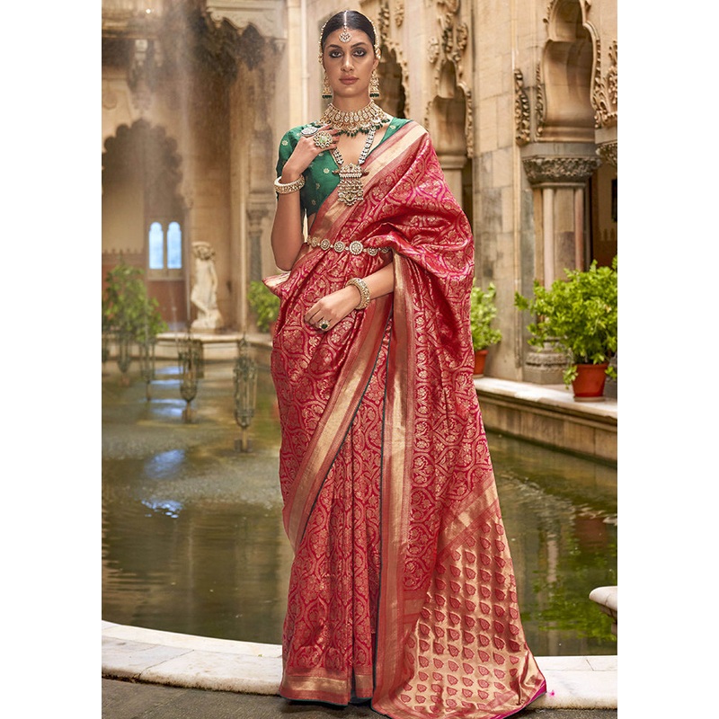 Red Dupion Silk Saree With Blouse Piece - JD986614273