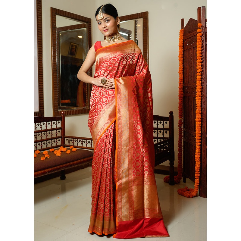 Red Katan Pure Silk Saree With Blouse Piece - JD986614272