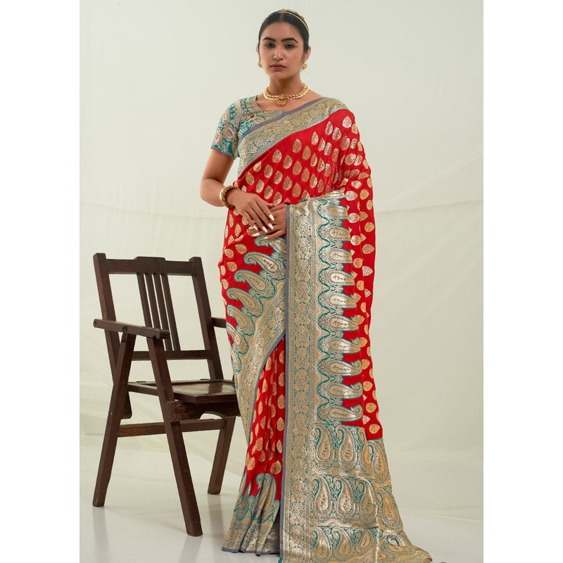 Red Spun Silk Saree With Blouse Piece - JD986614218