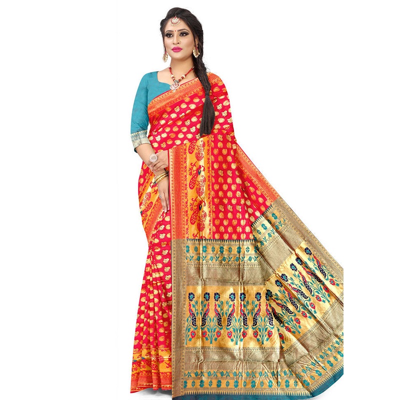 Red Spun Silk Saree With Blouse Piece - JD986614223