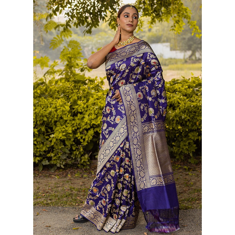 Royal Blue Katan Pure Silk Saree With Blouse Piece - JD986614270