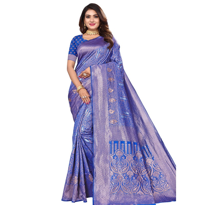 Royal Blue Spun Silk Saree With Blouse Piece - JD986614134