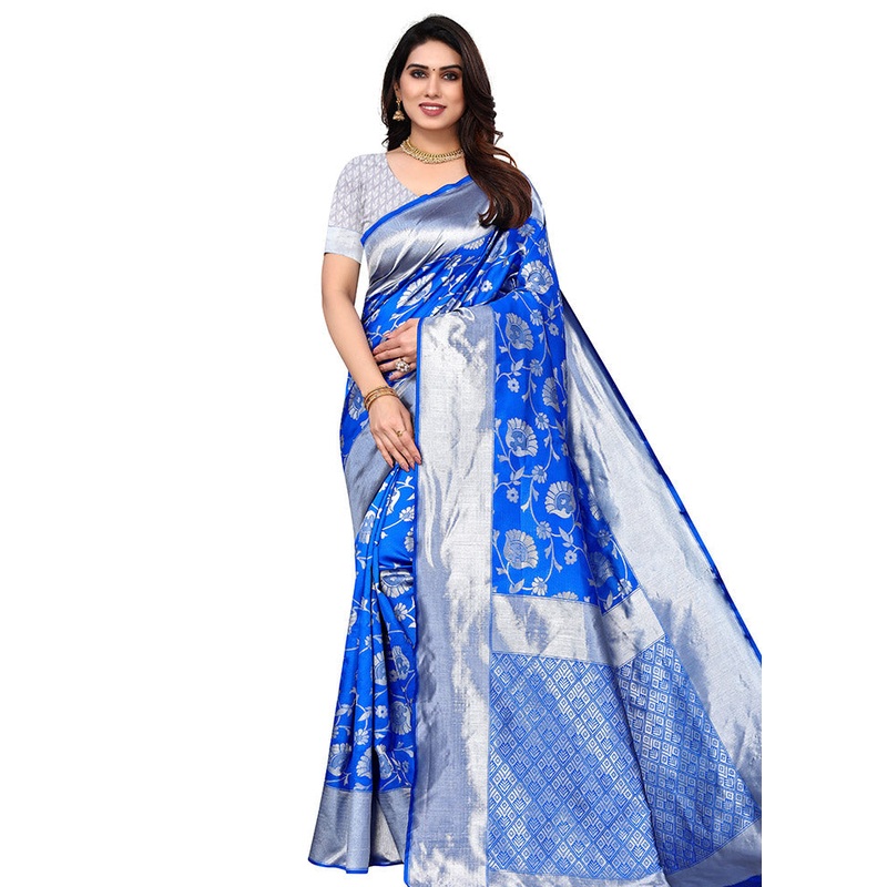 Royal Blue Spun Silk Saree With Blouse Piece - JD986614152