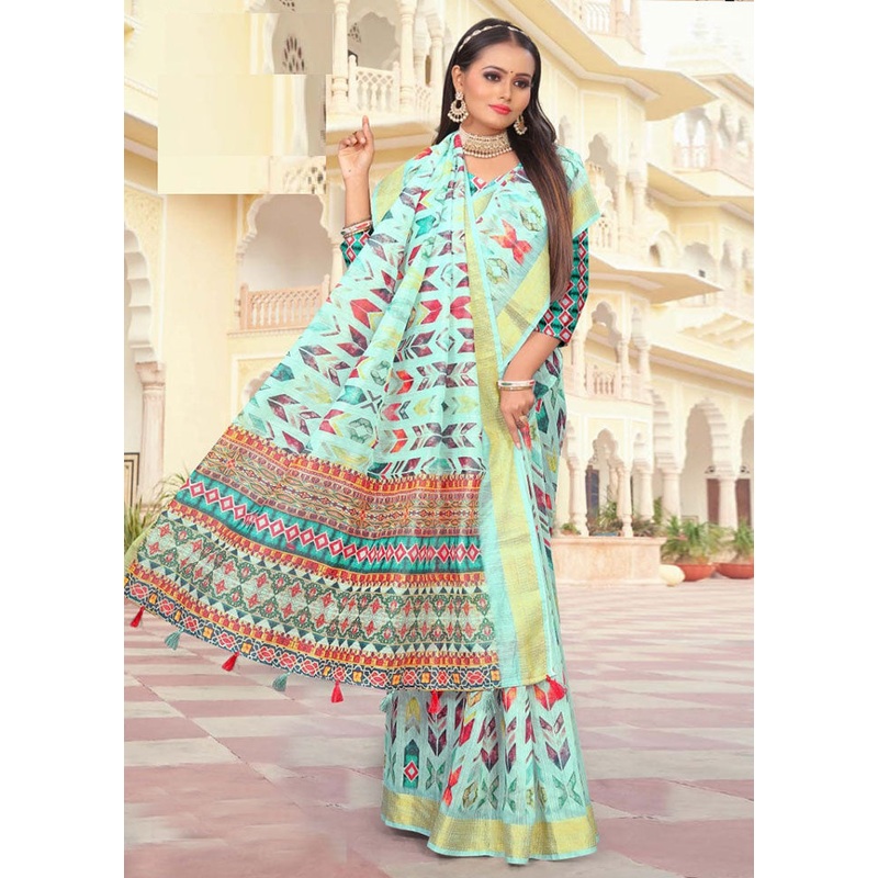 Sky Blue Cotton Saree With Blouse Piece - JD986614168