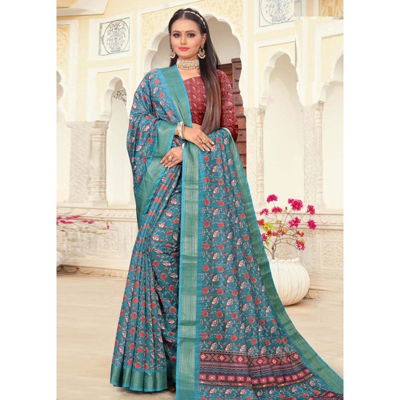 Sky Blue Cotton Saree With Blouse Piece - JD986614169