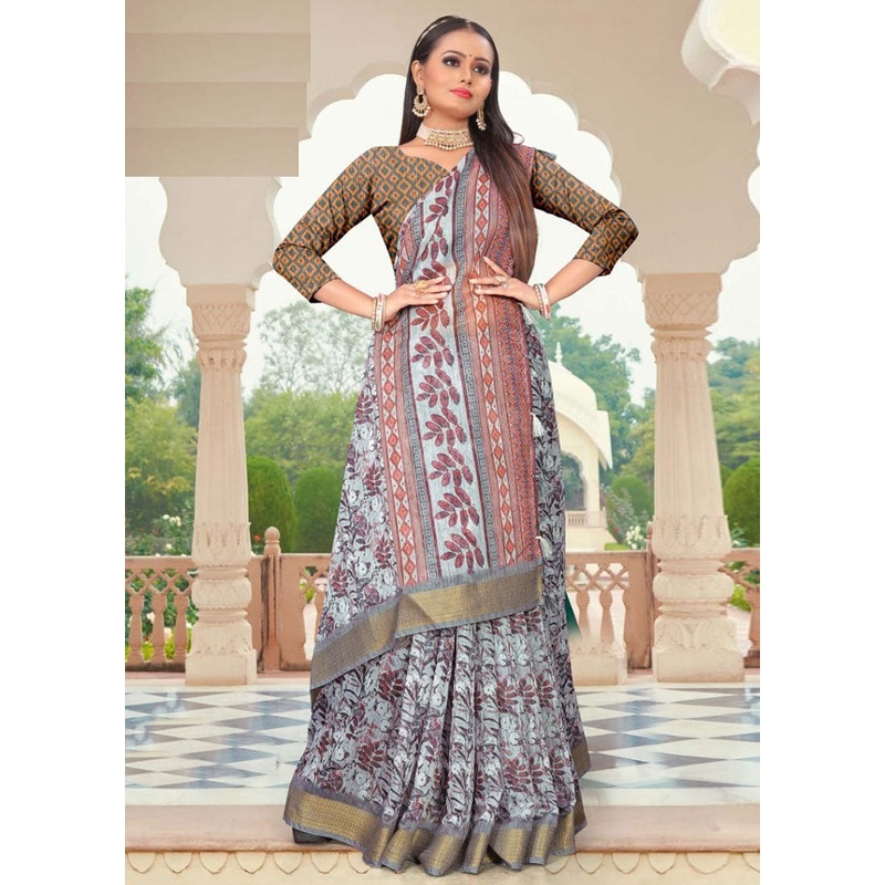 Sky Blue Cotton Saree With Blouse Piece - JD986614170