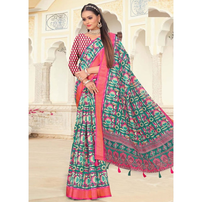 Sky Blue Cotton Saree With Blouse Piece - JD986614172