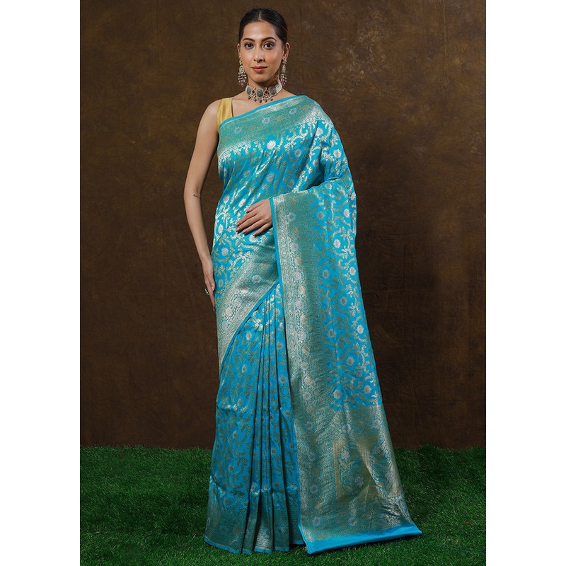 Sky Blue Katan Pure Silk Saree With Blouse Piece - JD986614268