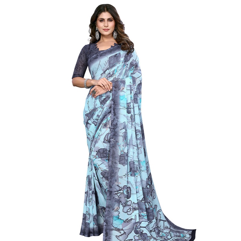Sky Blue Silk Saree With Blouse Piece - JD986614195