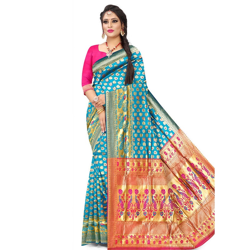 Sky Blue Spun Silk Saree With Blouse Piece - JD986614220