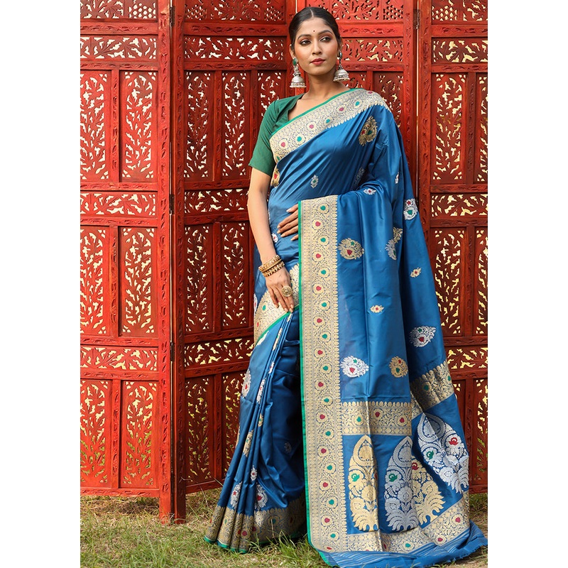 Teal Blue Katan Pure Silk Saree With Blouse Piece - JD986614266