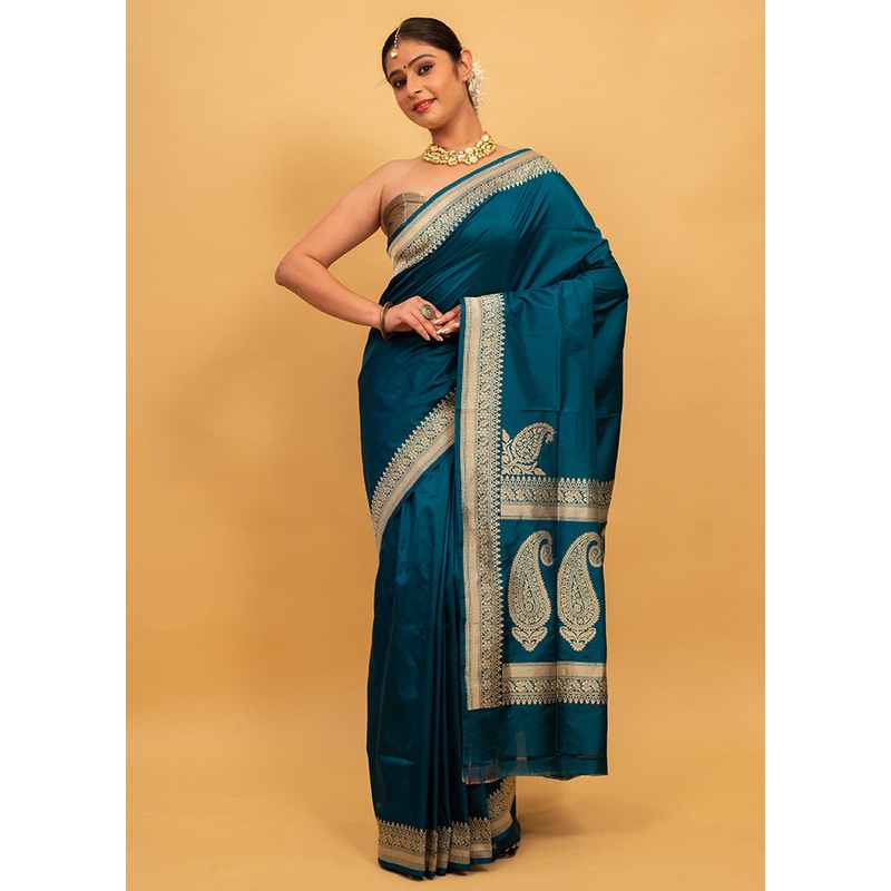 Teal Katan Pure Silk Saree With Blouse Piece - JD986614262