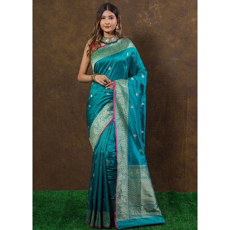 Teal Katan Pure Silk Saree With Blouse Piece - JD986614263