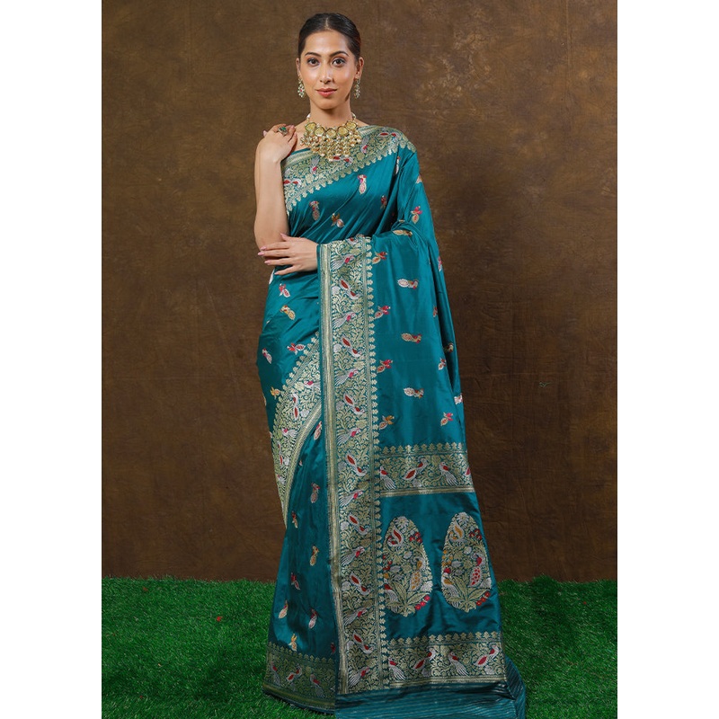 Teal Katan Pure Silk Saree With Blouse Piece - JD986614264