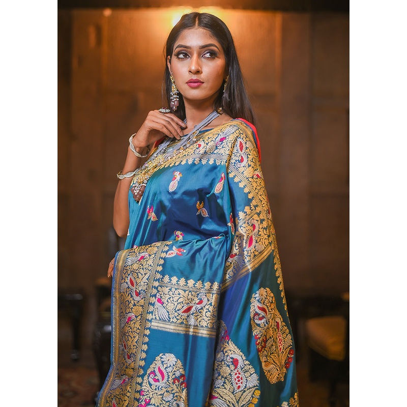 Teal Katan Pure Silk Saree With Blouse Piece - JD986614265