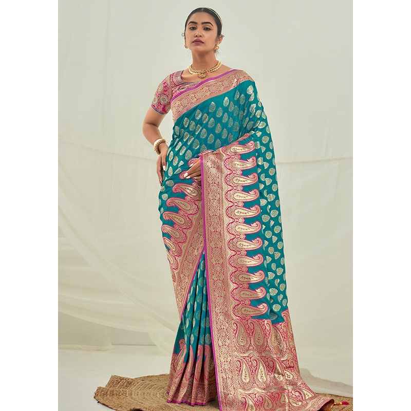 Teal Spun Silk Saree With Blouse Piece - JD986614213