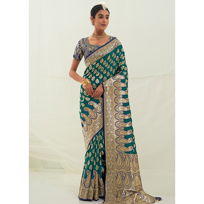 Teal Spun Silk Saree With Blouse Piece - JD986614217